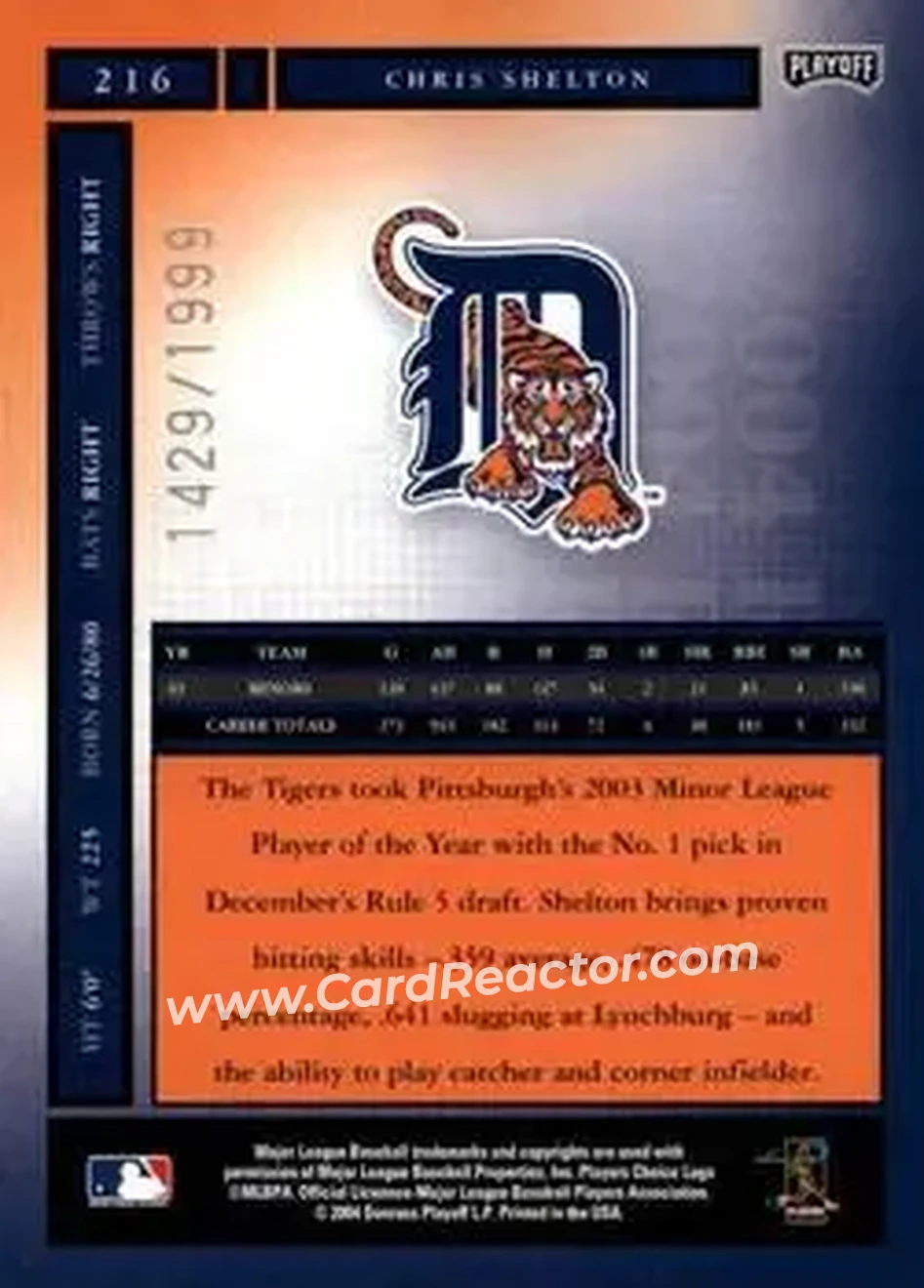 2004 Playoff Honors #216 - Chris Shelton - Detroit Tigers - Back