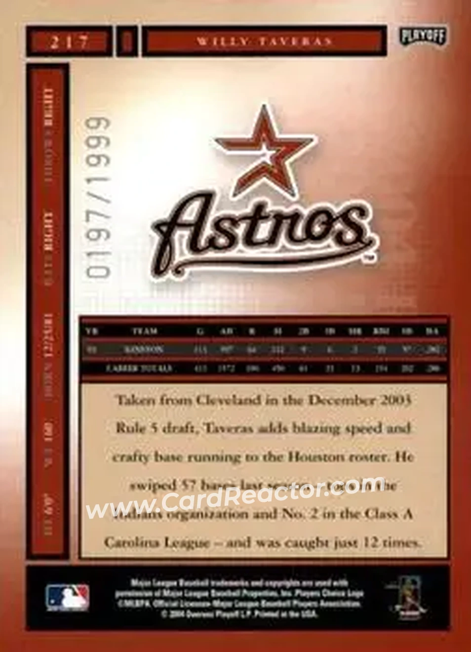 2004 Playoff Honors #217 - Willy Taveras - Houston Astros - Back