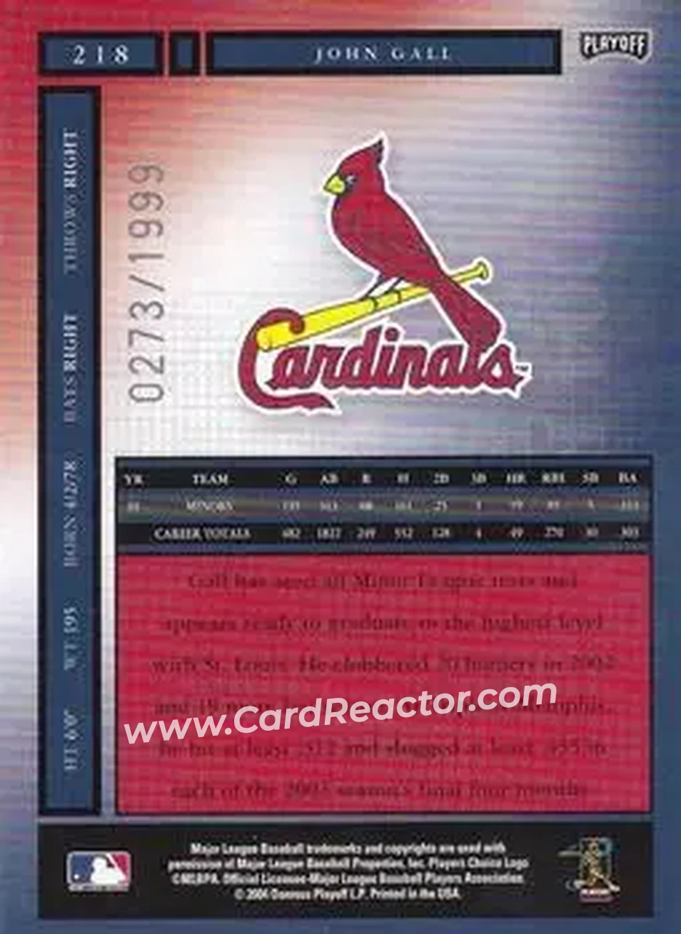 2004 Playoff Honors #218 - John Gall - St. Louis Cardinals - Back