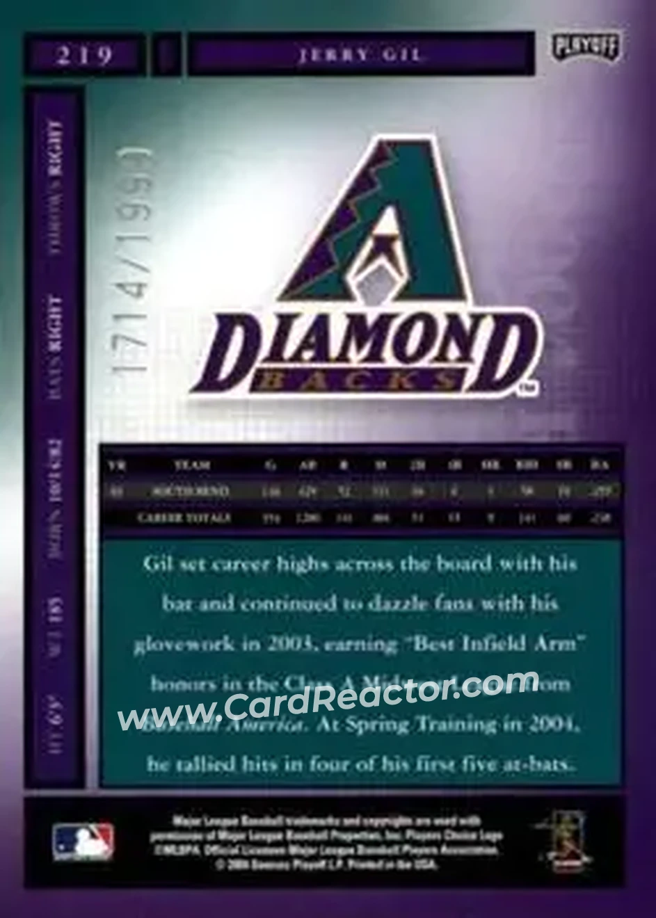 2004 Playoff Honors #219 - Jerry Gil - Arizona Diamondbacks - Back