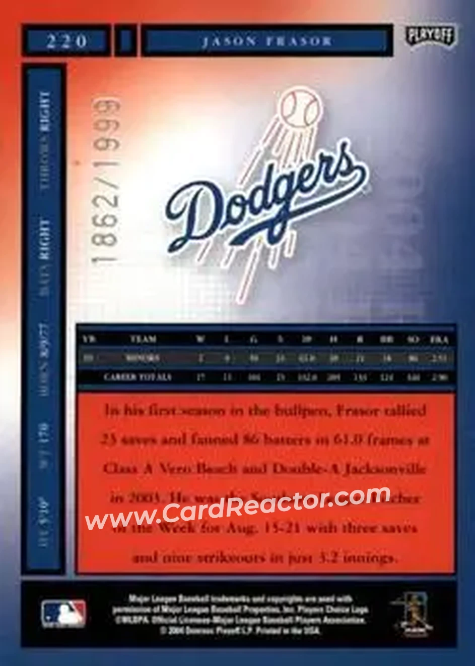 2004 Playoff Honors #220 - Jason Frasor - Los Angeles Dodgers - Back