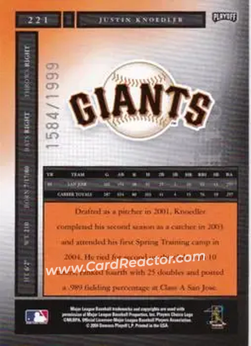2004 Playoff Honors #221 - Justin Knoedler - San Francisco Giants - Back 2004 Playoff Honors #221 - Justin Knoedler - San Francisco Giants - Back