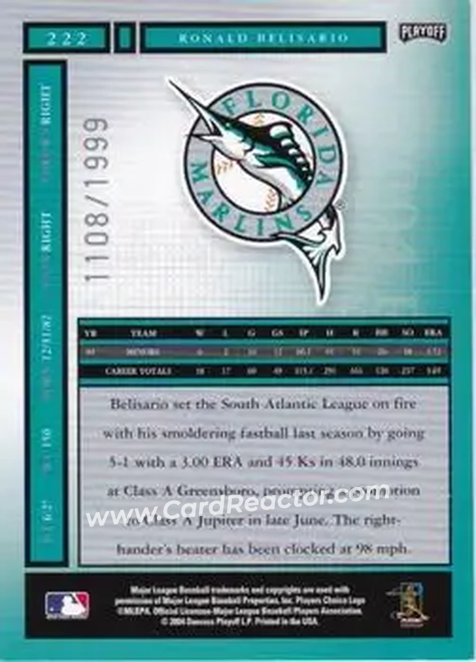 2004 Playoff Honors #222 - Ronald Belisario - Florida Marlins - Back 2004 Playoff Honors #222 - Ronald Belisario - Florida Marlins - Back