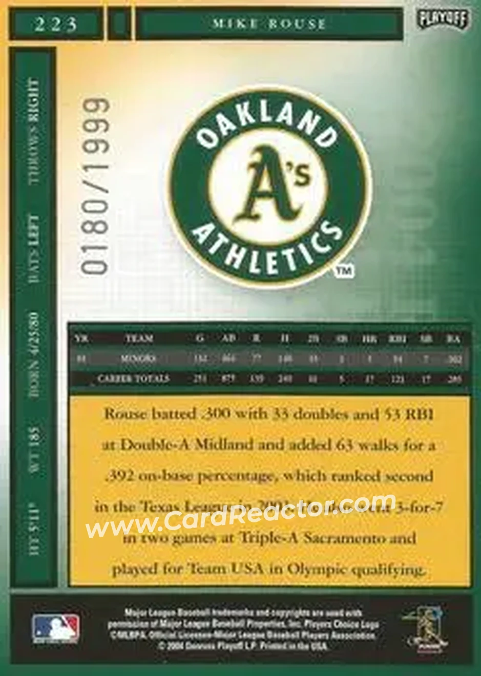 2004 Playoff Honors #223 - Mike Rouse - Oakland Athletics - Back