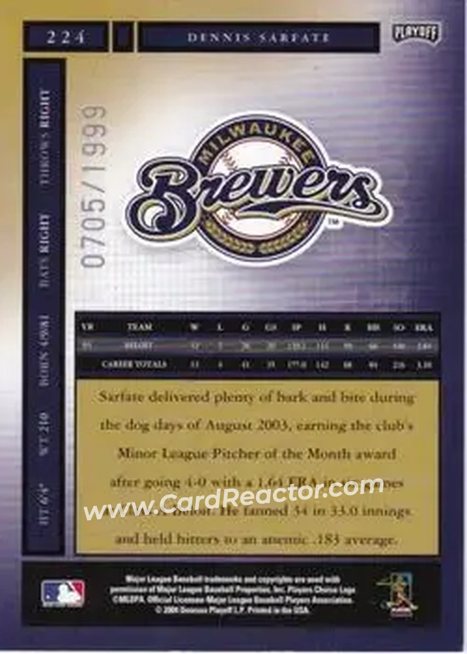 2004 Playoff Honors #224 - Dennis Sarfate - Milwaukee Brewers - Back
