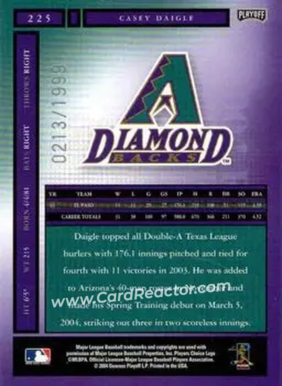 2004 Playoff Honors #225 - Casey Daigle - Arizona Diamondbacks - Back