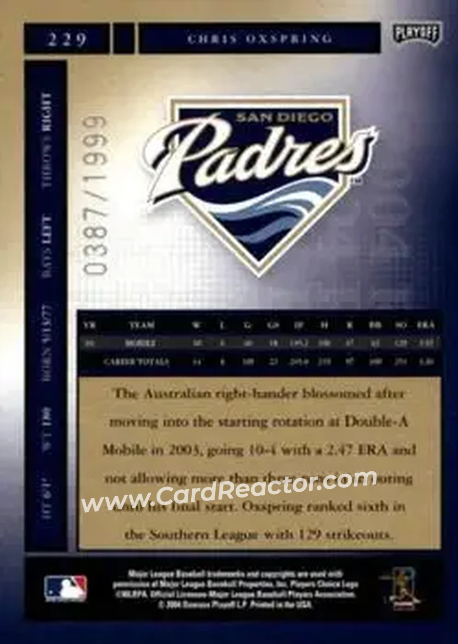 2004 Playoff Honors #229 - Chris Oxspring - San Diego Padres - Back