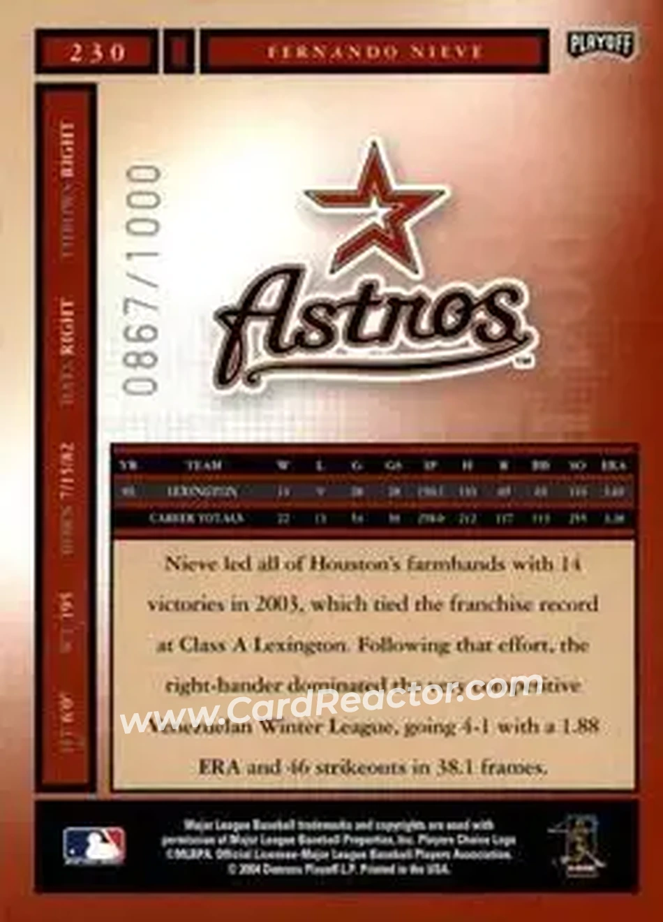 2004 Playoff Honors #230 - Fernando Nieve - Houston Astros - Back