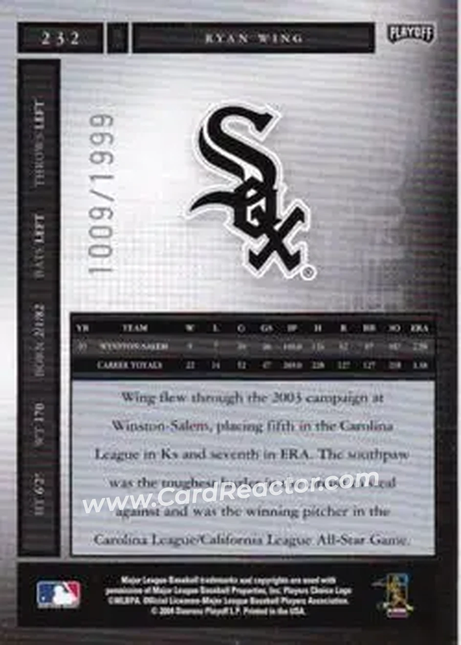 2004 Playoff Honors #232 - Ryan Wing - Chicago White Sox - Back