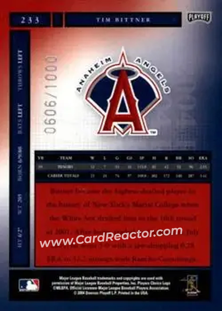 2004 Playoff Honors #233 - Tim Bittner - Anaheim Angels - Back