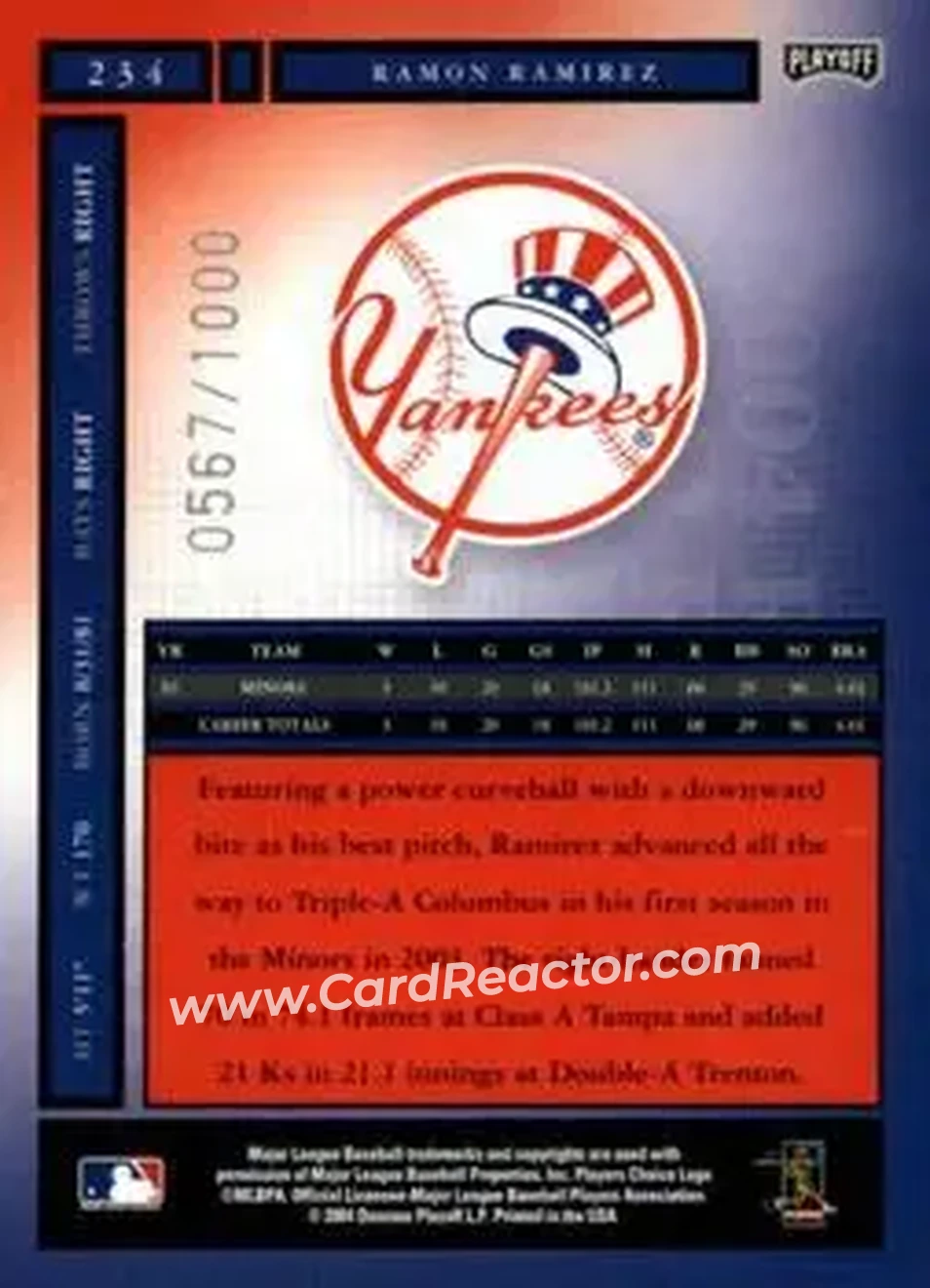 2004 Playoff Honors #234 - Ramon Ramirez - New York Yankees - Back