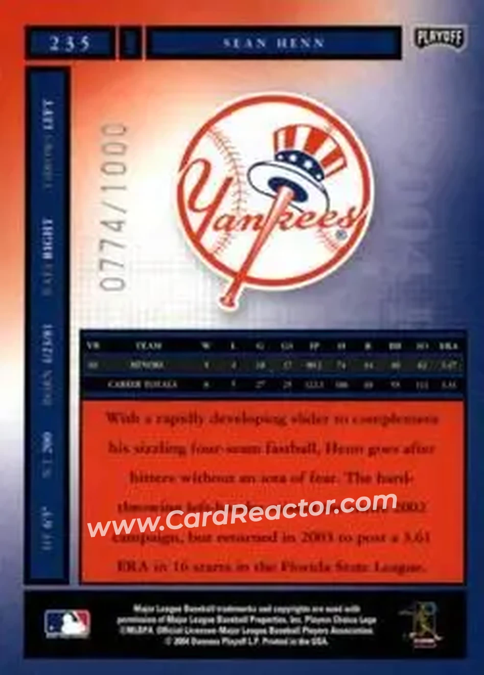 2004 Playoff Honors #235 - Sean Henn - New York Yankees - Back