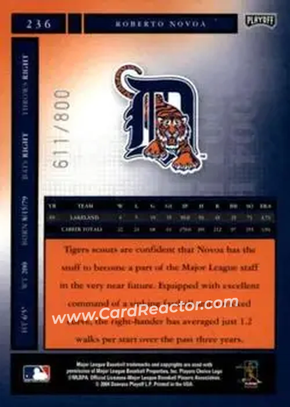 2004 Playoff Honors #236 - Roberto Novoa - Detroit Tigers - Back