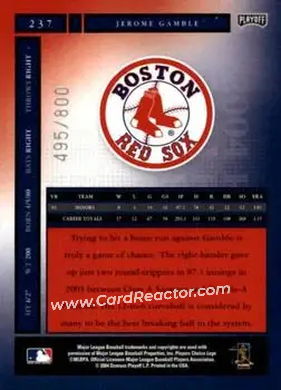 2004 Playoff Honors #237 - Jerome Gamble - Boston Red Sox - Back
