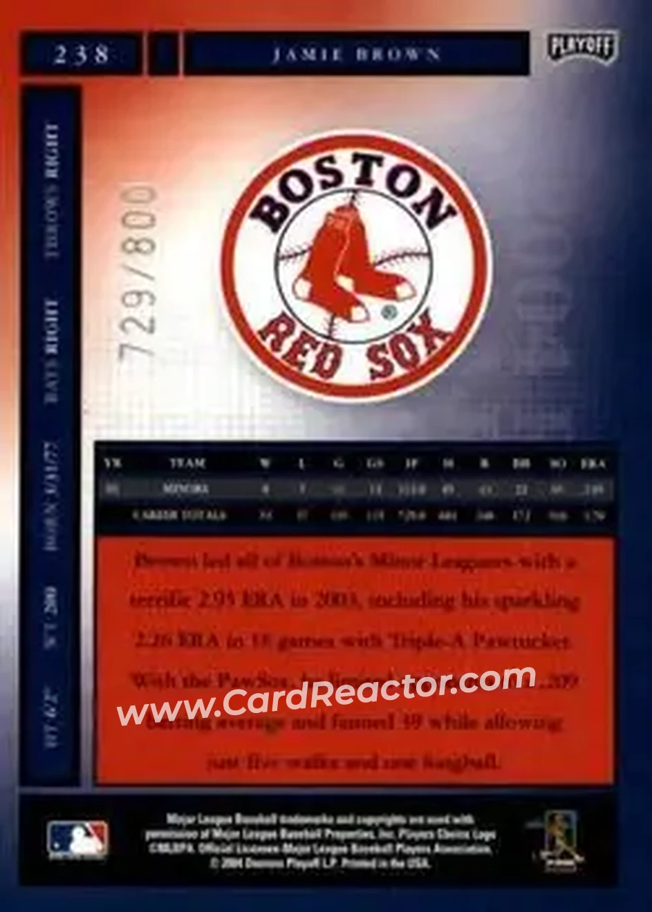 2004 Playoff Honors #238 - Jamie Brown - Boston Red Sox - Back