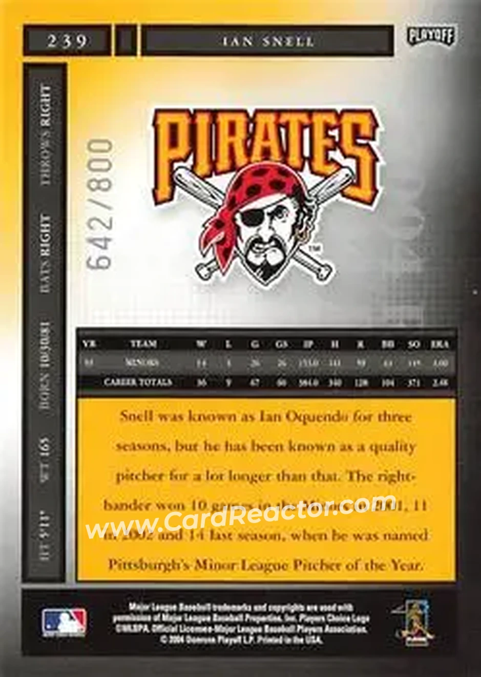 2004 Playoff Honors #239 - Ian Snell - Pittsburgh Pirates - Back