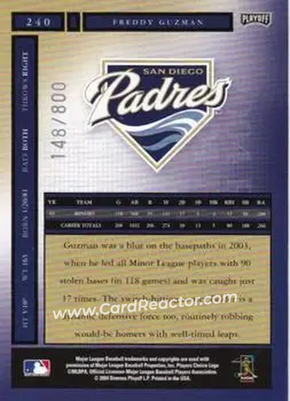 2004 Playoff Honors #240 - Freddy Guzman - San Diego Padres - Back