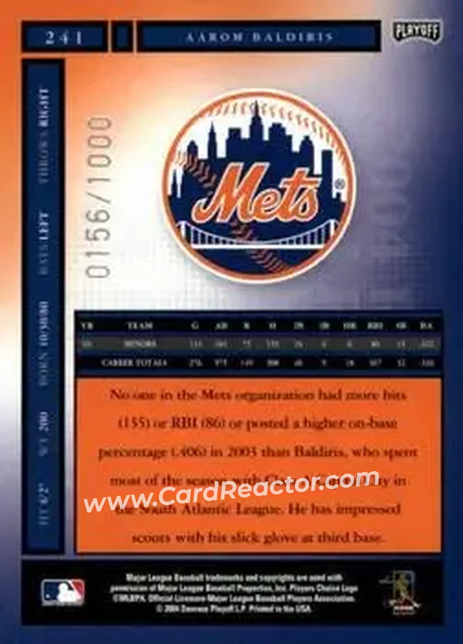 2004 Playoff Honors #241 - Aarom Baldiris - New York Mets - Back