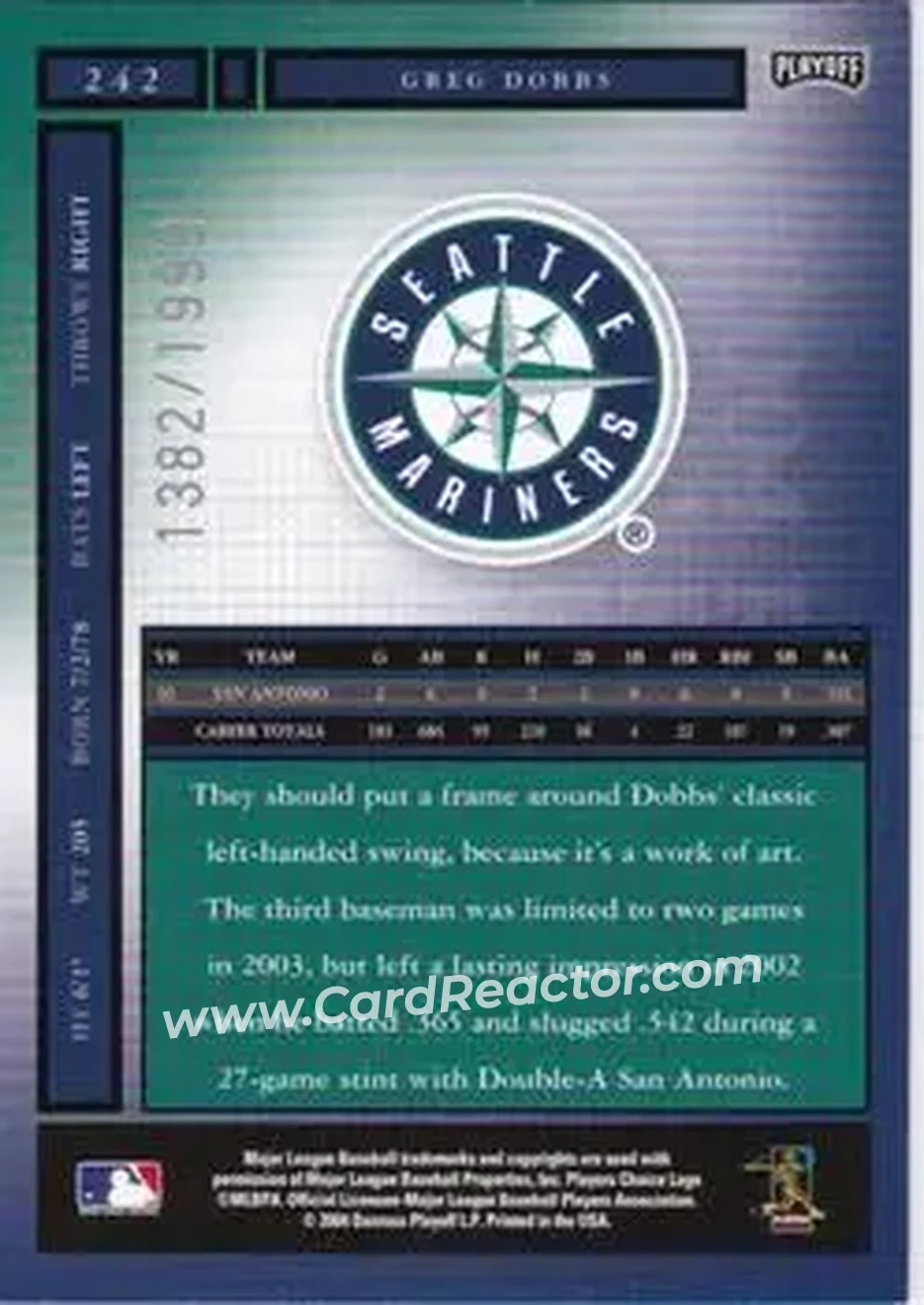 2004 Playoff Honors #242 - Greg Dobbs - Seattle Mariners - Back