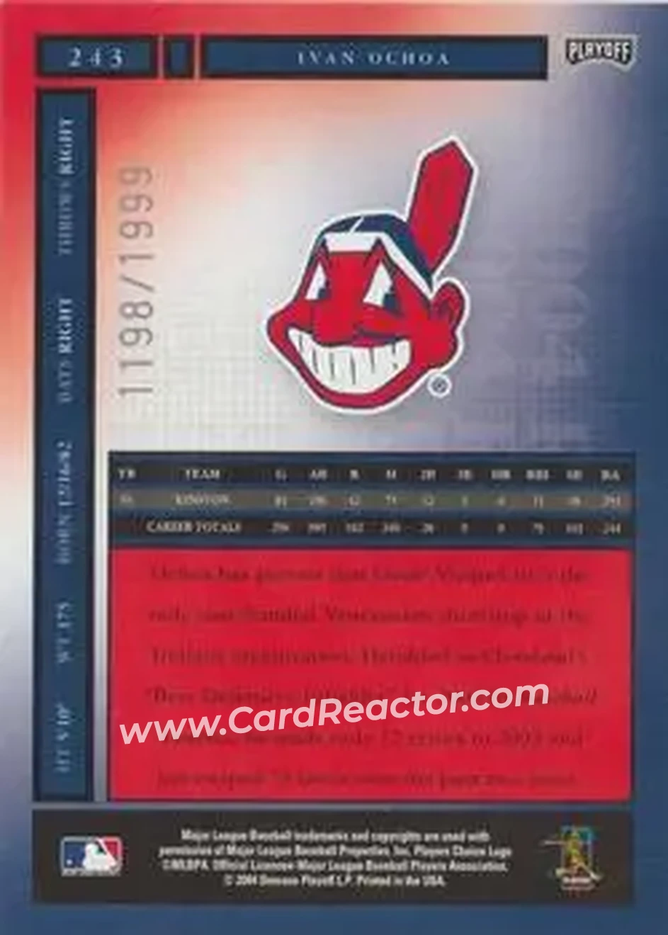 2004 Playoff Honors #243 - Ivan Ochoa - Cleveland Indians - Back