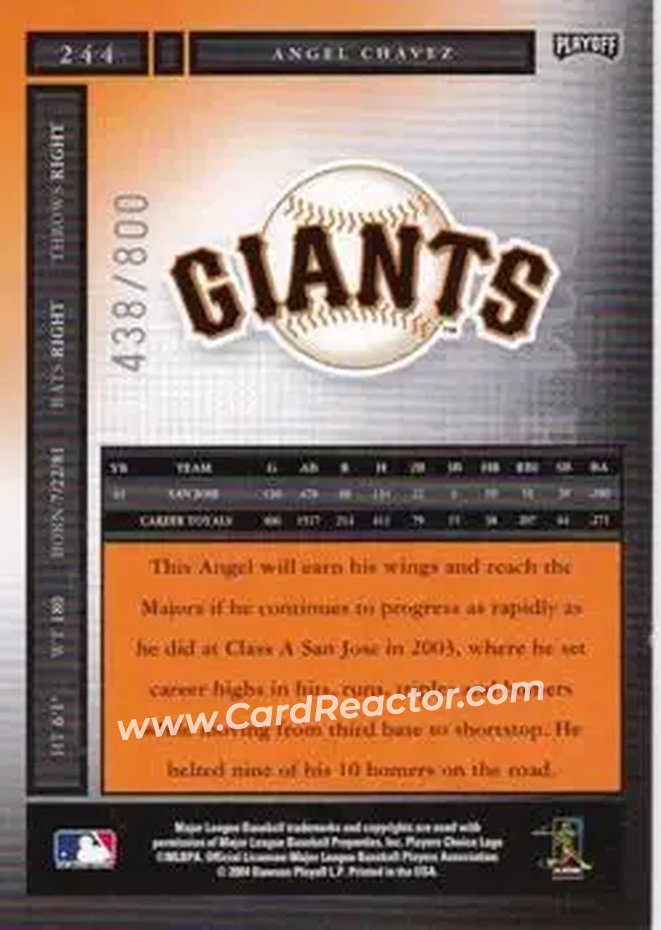2004 Playoff Honors #244 - Angel Chavez - San Francisco Giants - Back