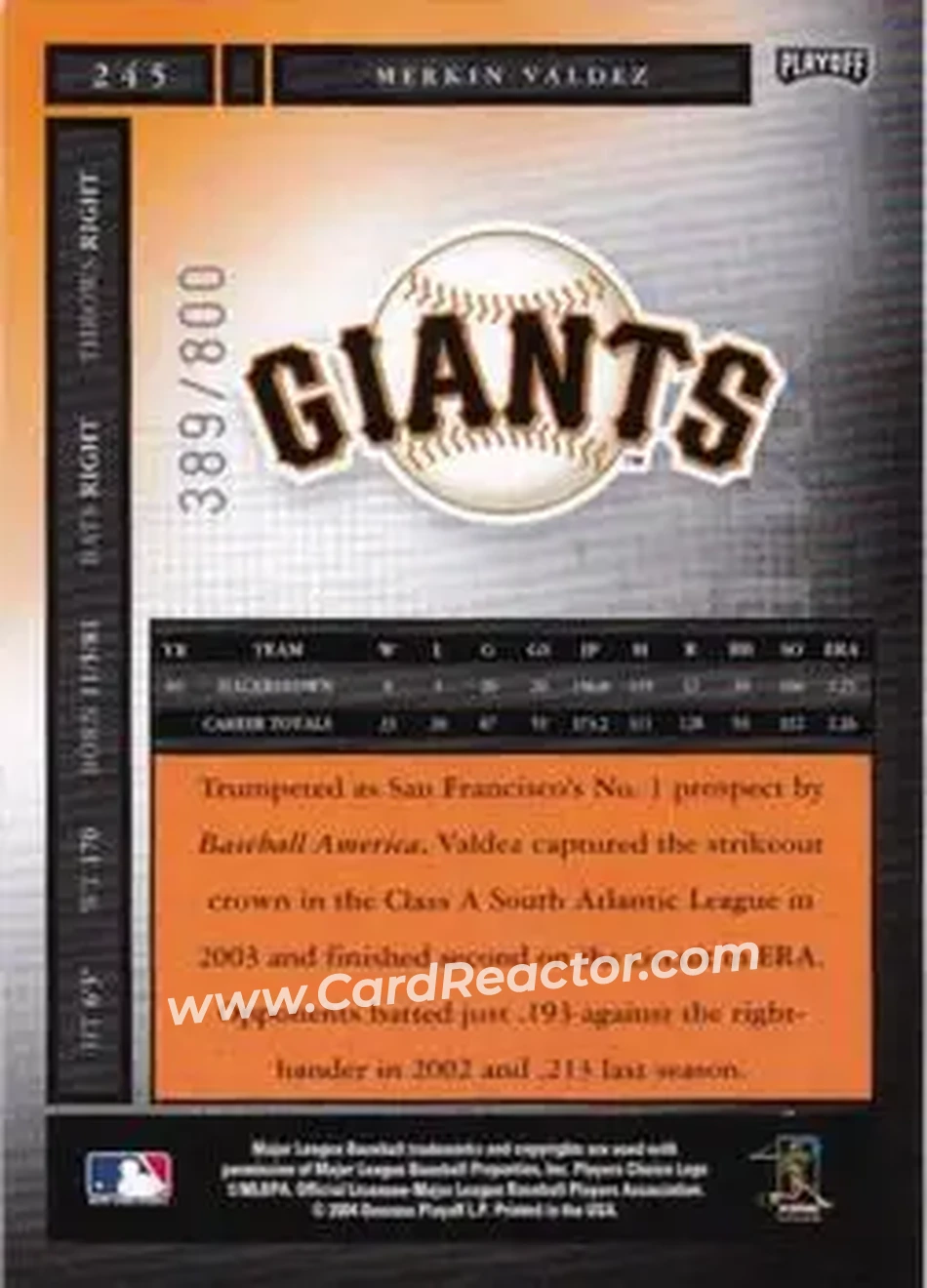 2004 Playoff Honors #245 - Merkin Valdez - San Francisco Giants - Back