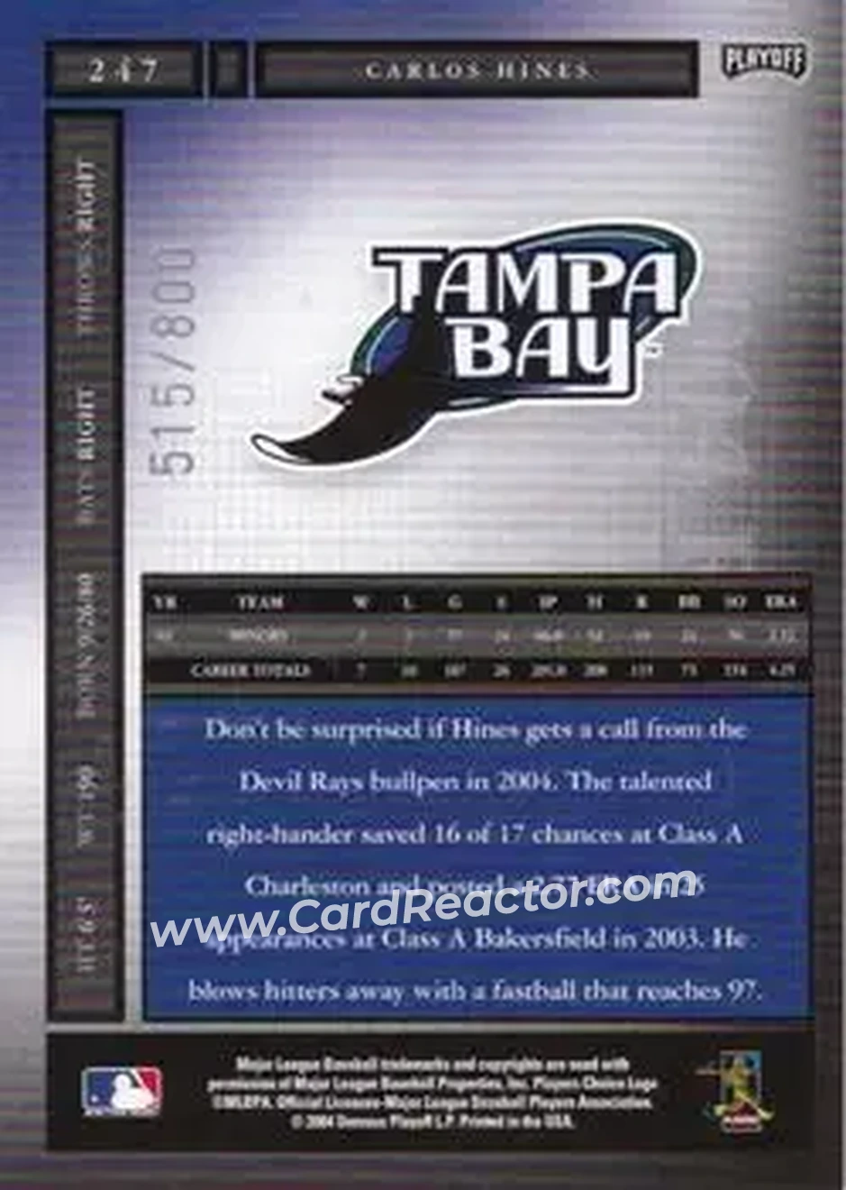 2004 Playoff Honors #247 - Carlos Hines - Tampa Bay Devil Rays - Back