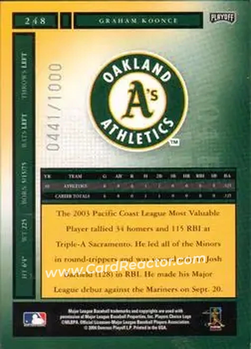 2004 Playoff Honors #248 - Graham Koonce - Oakland Athletics - Back