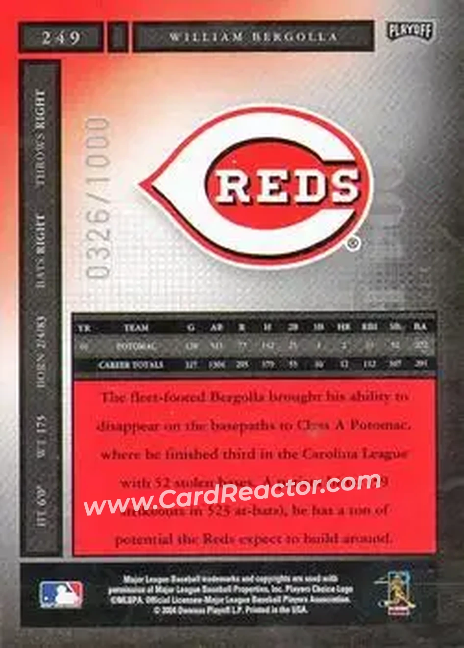 2004 Playoff Honors #249 - William Bergolla - Cincinnati Reds - Back