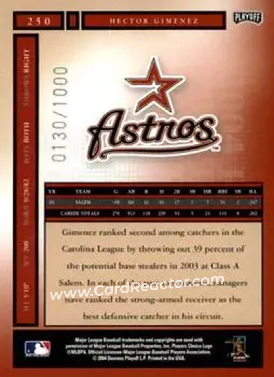 2004 Playoff Honors #250 - Hector Gimenez - Houston Astros - Back