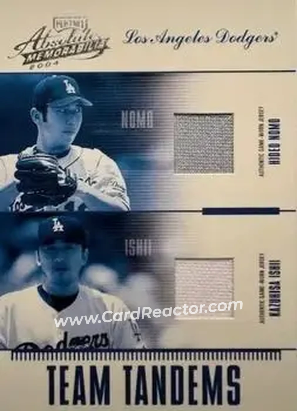2004 Playoff Absolute Memorabilia - Team Tandems Material #TAN-9 - Kazuhisa Ishii - Hideo Nomo - Los Angeles Dodgers - Front 2004 Playoff Absolute Memorabilia - Team Tandems Material #TAN-9 - Kazuhisa Ishii - Hideo Nomo - Los Angeles Dodgers - Front