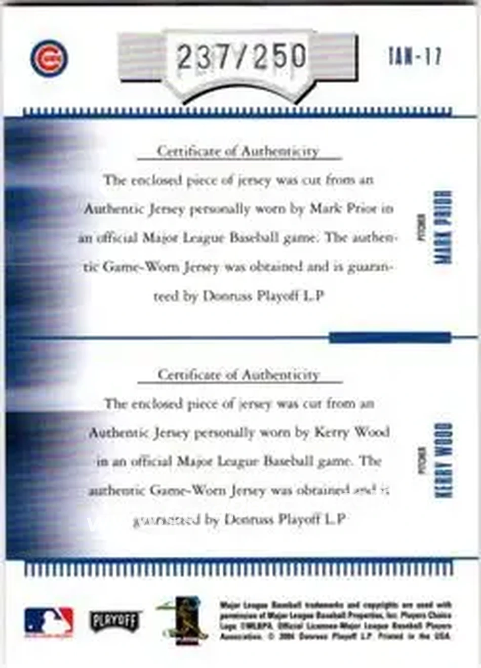 2004 Playoff Absolute Memorabilia - Team Tandems Material #TAN-17 - Kerry Wood - Mark Prior - Chicago Cubs - Back