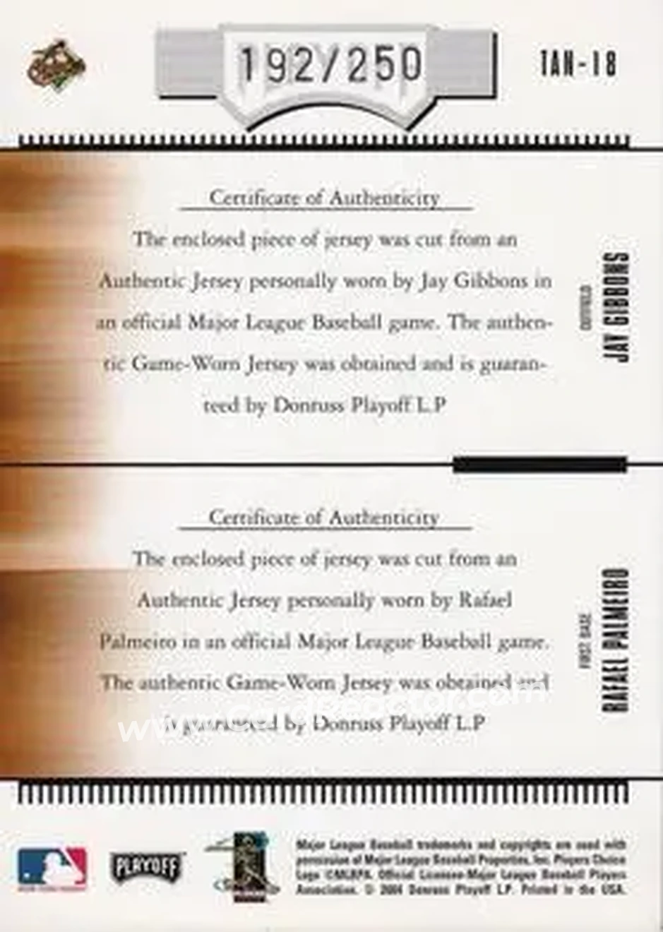 2004 Playoff Absolute Memorabilia - Team Tandems Material #TAN-18 - Rafael Palmeiro - Jay Gibbons - Baltimore Orioles - Back