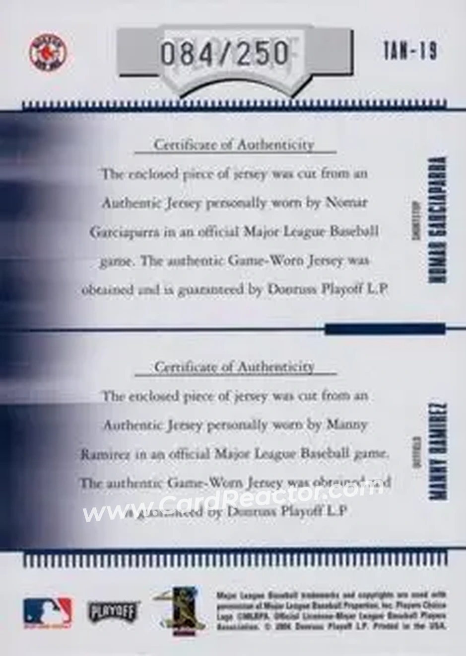 2004 Playoff Absolute Memorabilia - Team Tandems Material #TAN-19 - Nomar Garciaparra - Manny Ramirez - Boston Red Sox - Back
