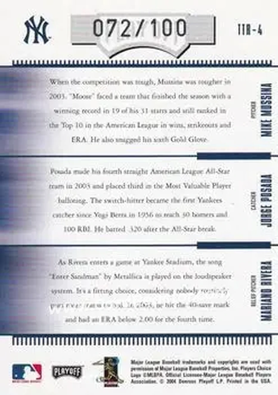 2004 Playoff Absolute Memorabilia - Team Trio #TTR-4 - Mike Mussina - Jorge Posada - Mariano Rivera - New York Yankees - Back