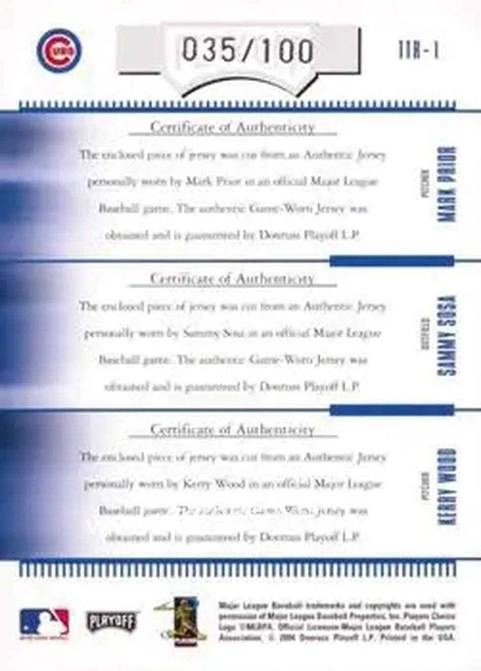 2004 Playoff Absolute Memorabilia - Team Trio Material #TTR-1 - Sammy Sosa - Kerry Wood - Mark Prior - Chicago Cubs - Back