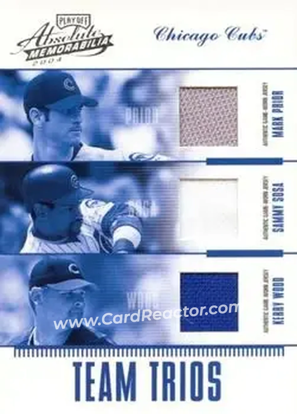 2004 Playoff Absolute Memorabilia - Team Trio Material #TTR-1 - Sammy Sosa - Kerry Wood - Mark Prior - Chicago Cubs - Front