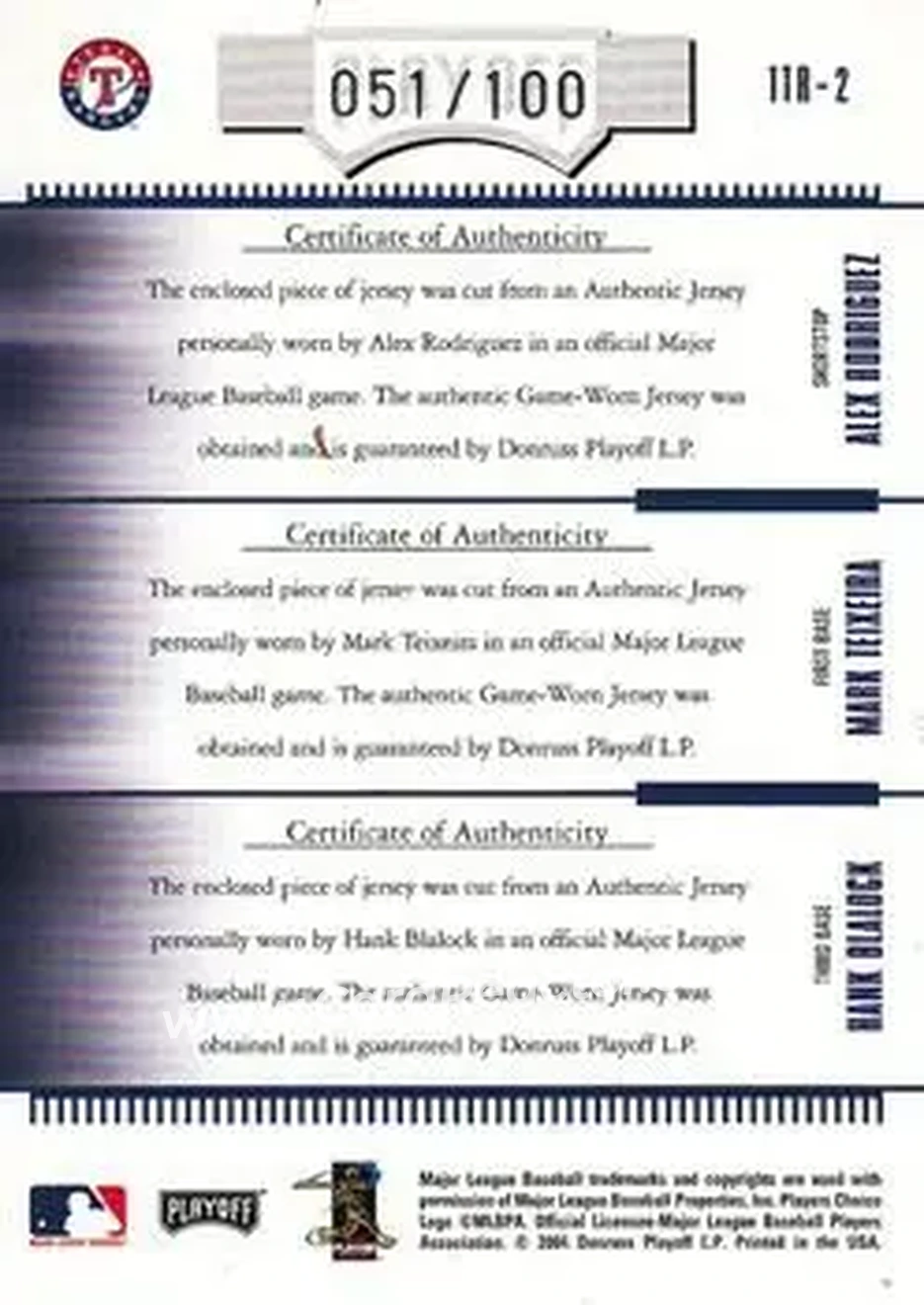2004 Playoff Absolute Memorabilia - Team Trio Material #TTR-2 - Hank Blalock - Mark Teixeira - Alex Rodriguez - Texas Rangers - Back