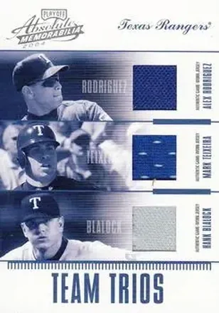 2004 Playoff Absolute Memorabilia #TTR-2 Team Trio Material Hank Blalock - Mark Teixeira - Alex Rodriguez
