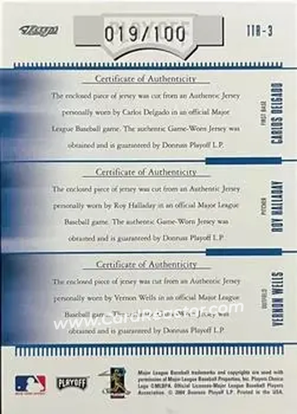 2004 Playoff Absolute Memorabilia - Team Trio Material #TTR-3 - Vernon Wells - Roy Halladay - Carlos Delgado - Toronto Blue Jays - Back