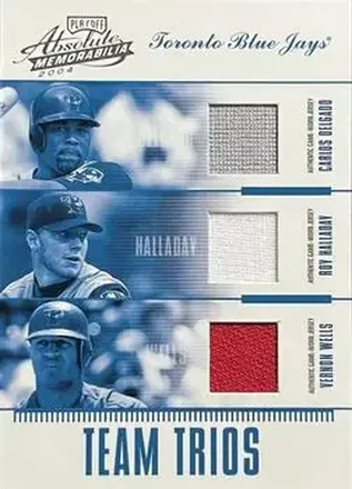 2004 Playoff Absolute Memorabilia #TTR-3 Team Trio Material Vernon Wells - Roy Halladay - Carlos Delgado