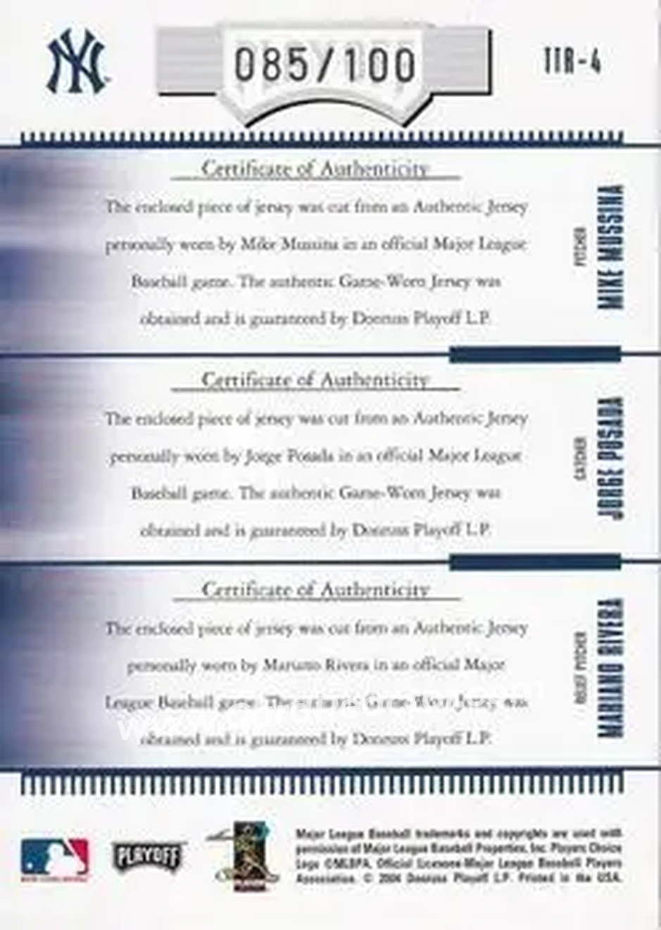 2004 Playoff Absolute Memorabilia - Team Trio Material #TTR-4 - Mike Mussina - Jorge Posada - Mariano Rivera - New York Yankees - Back