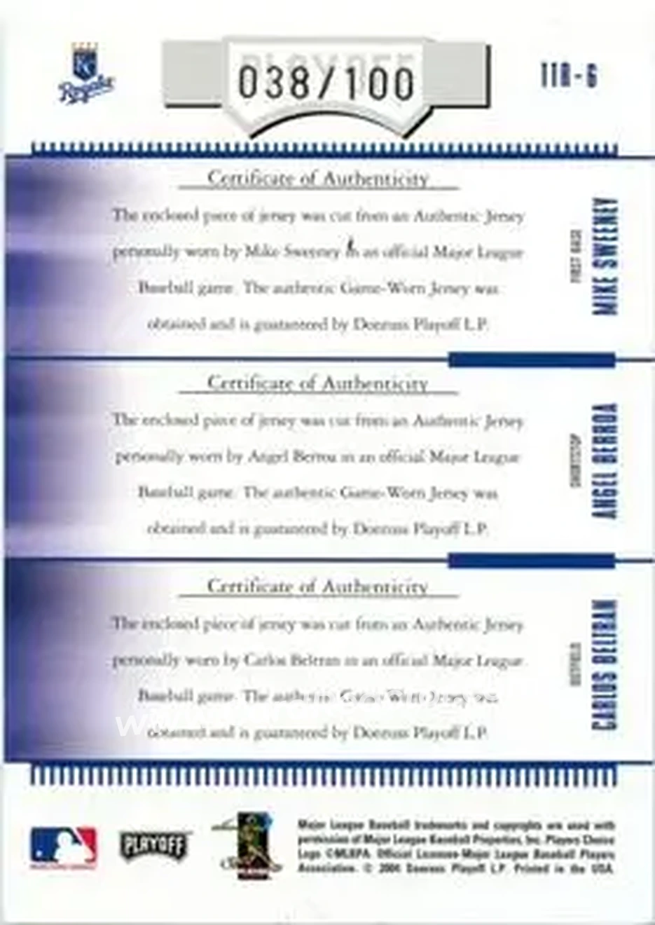 2004 Playoff Absolute Memorabilia - Team Trio Material #TTR-6 - Carlos Beltran - Mike Sweeney - Angel Berroa - Kansas City Royals - Back