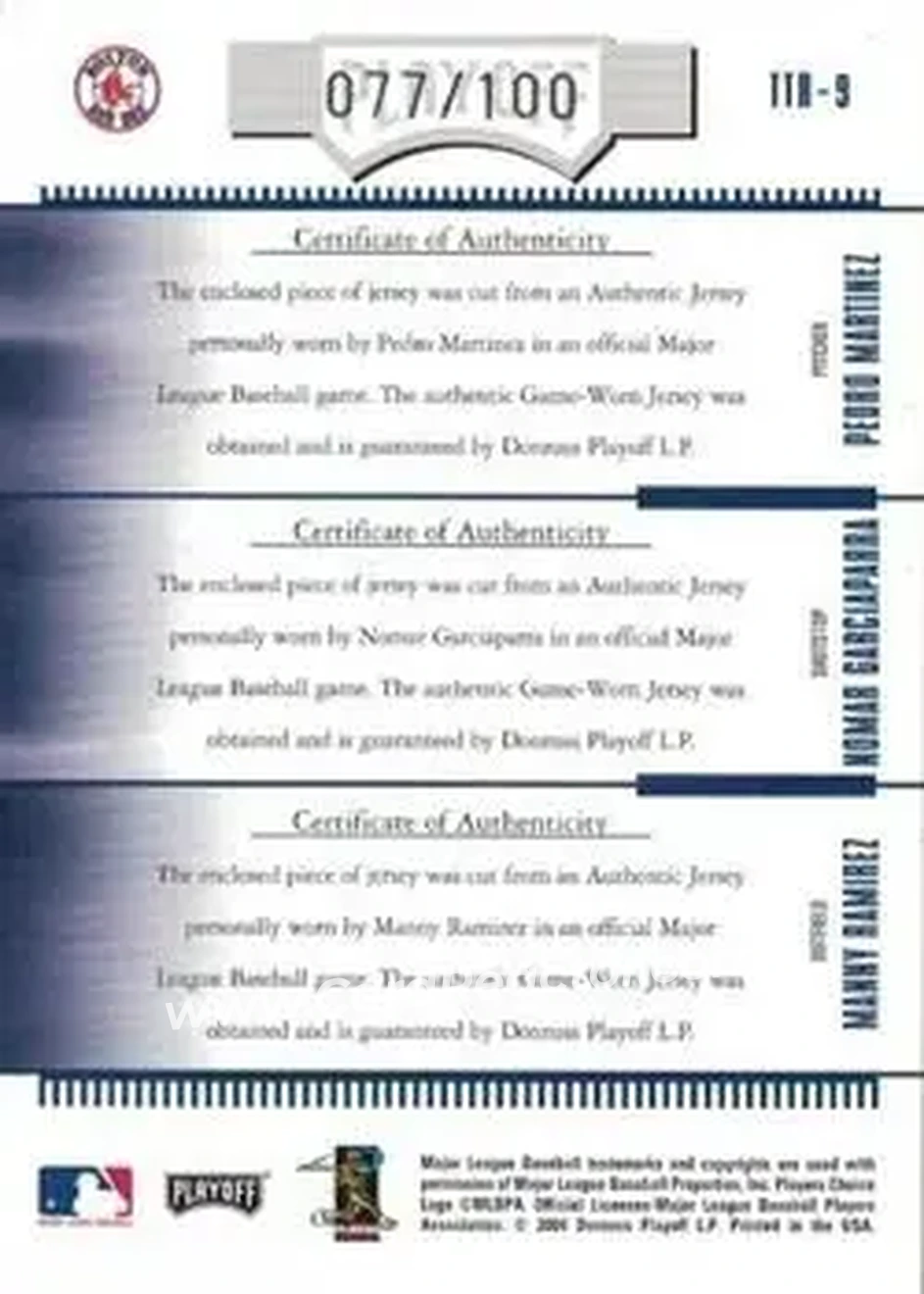 2004 Playoff Absolute Memorabilia - Team Trio Material #TTR-9 - Nomar Garciaparra - Pedro Martinez - Manny Ramirez - Boston Red Sox - Back