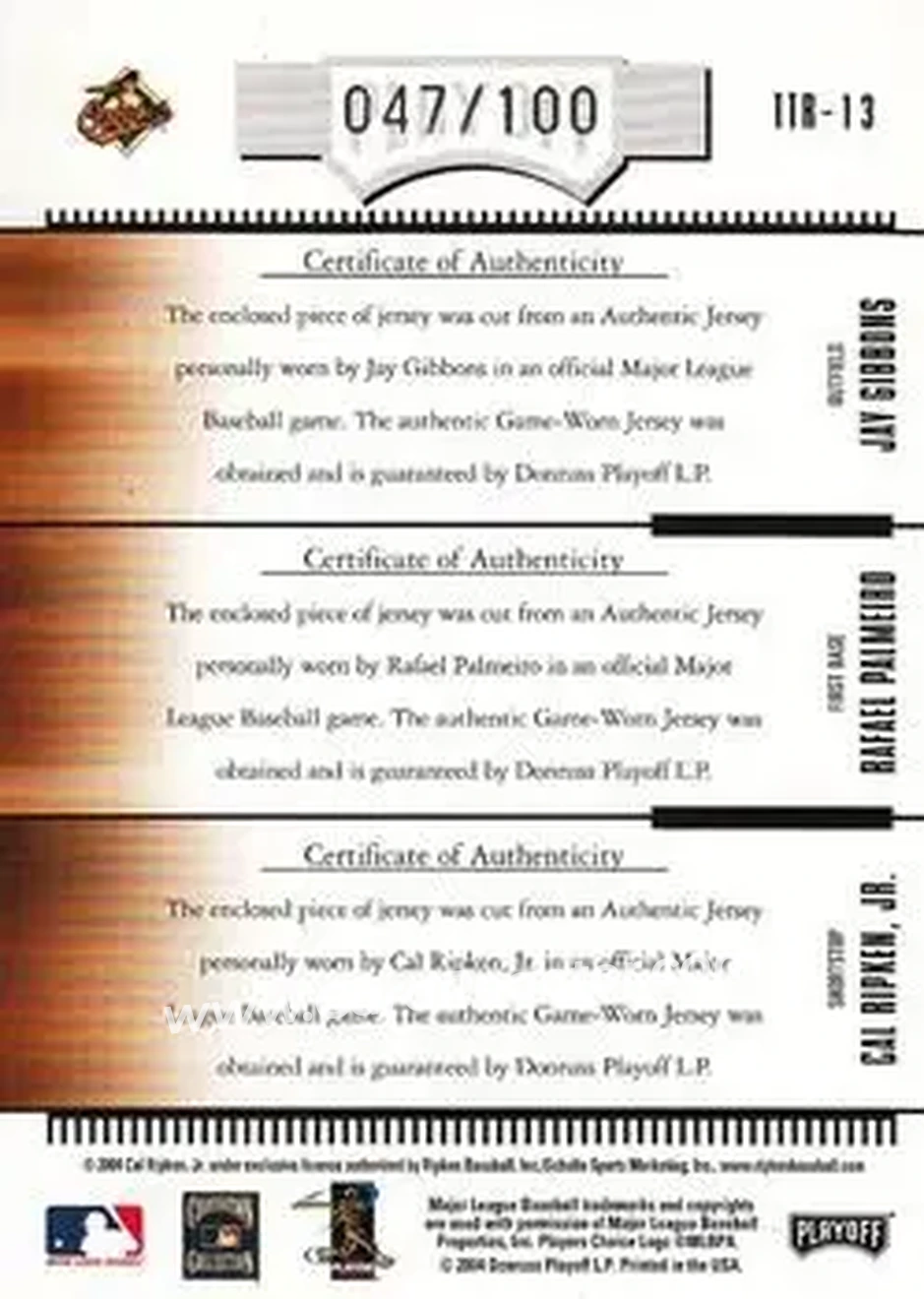 2004 Playoff Absolute Memorabilia - Team Trio Material #TTR-13 - Cal Ripken Jr. - Jay Gibbons - Rafael Palmeiro - Baltimore Orioles - Back
