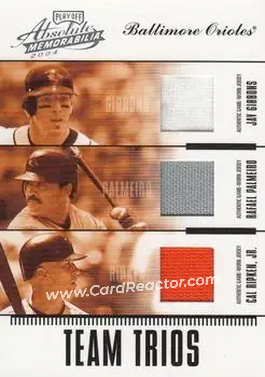 2004 Playoff Absolute Memorabilia - Team Trio Material #TTR-13 - Cal Ripken Jr. - Jay Gibbons - Rafael Palmeiro - Baltimore Orioles - Front