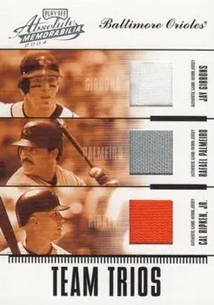 2004 Playoff Absolute Memorabilia #TTR-13 Team Trio Material Cal Ripken Jr. - Jay Gibbons - Rafael Palmeiro