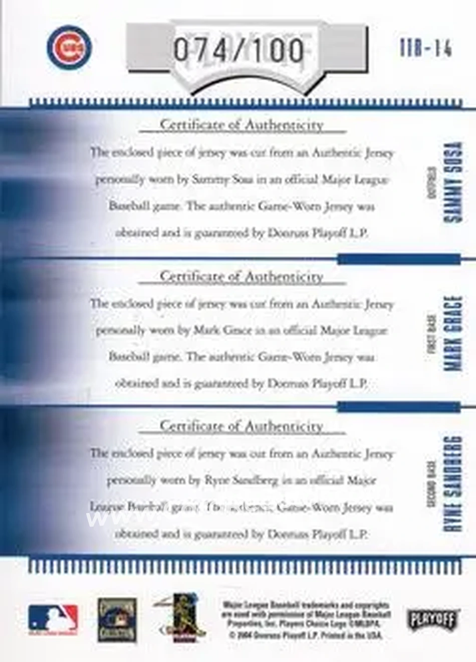 2004 Playoff Absolute Memorabilia - Team Trio Material #TTR-14 - Sammy Sosa - Mark Grace - Ryne Sandberg - Chicago Cubs - Back