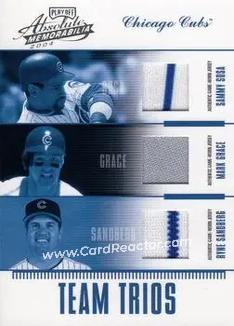 2004 Playoff Absolute Memorabilia - Team Trio Material #TTR-14 - Sammy Sosa - Mark Grace - Ryne Sandberg - Chicago Cubs - Front