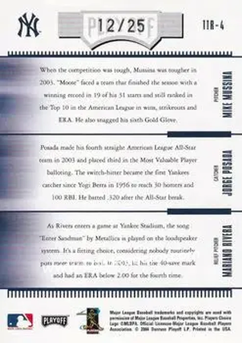 2004 Playoff Absolute Memorabilia - Team Trio Spectrum #TTR-4 - Mike Mussina - Jorge Posada - Mariano Rivera - New York Yankees - Back